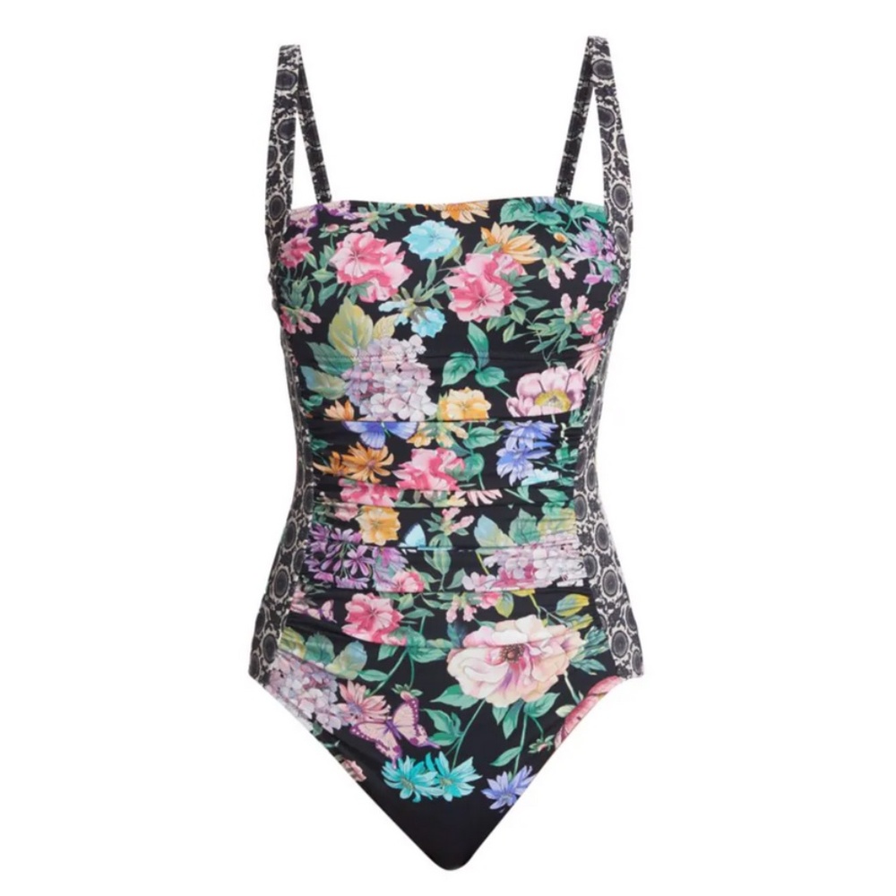 Johnny Was Ruched Black Butterfly One Piece Swimsuit - Picture 3 of 7